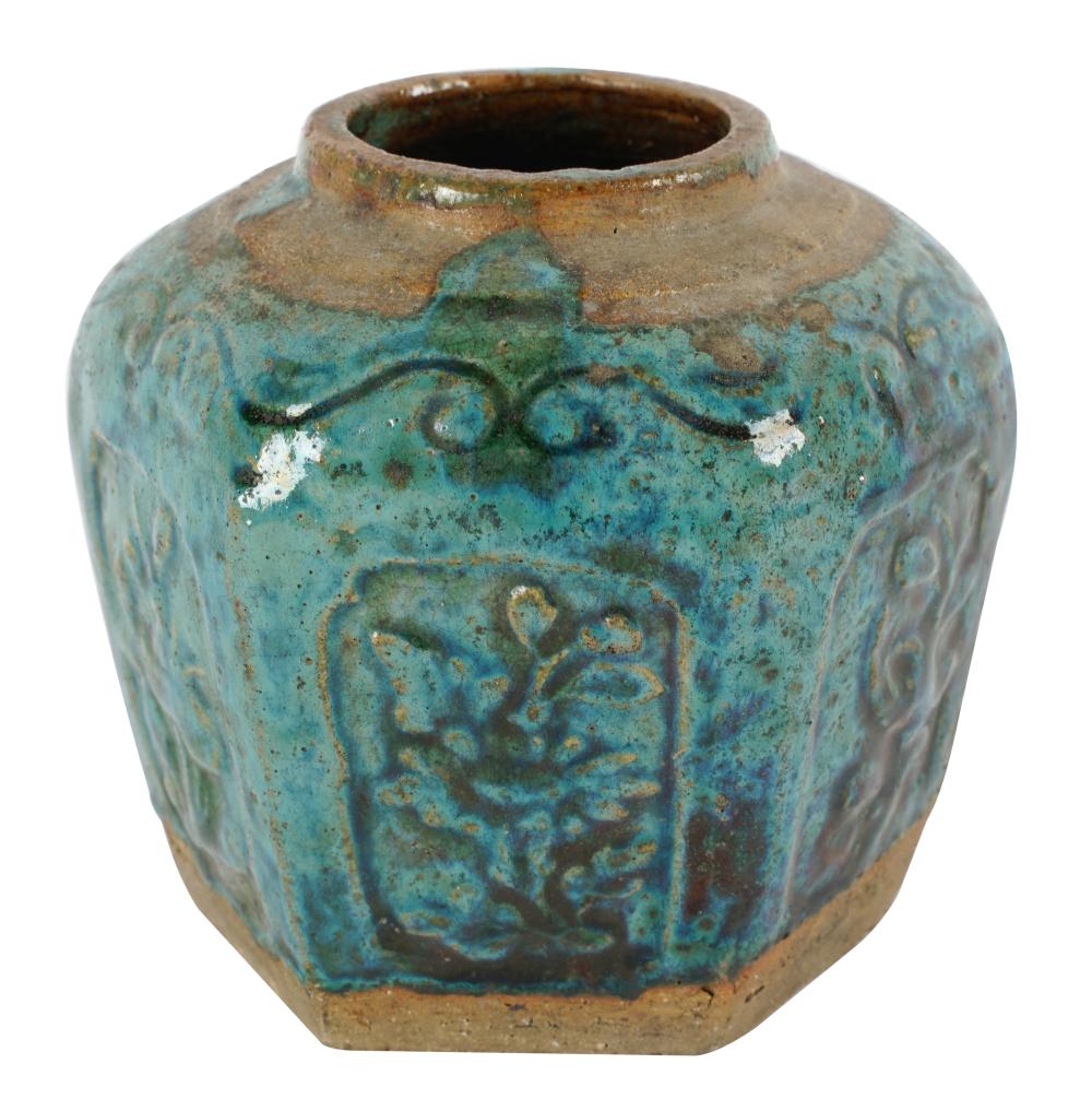 Appraisal: CHINESE GLAZED POTTERY JARunsinged each side of the hexagonal body