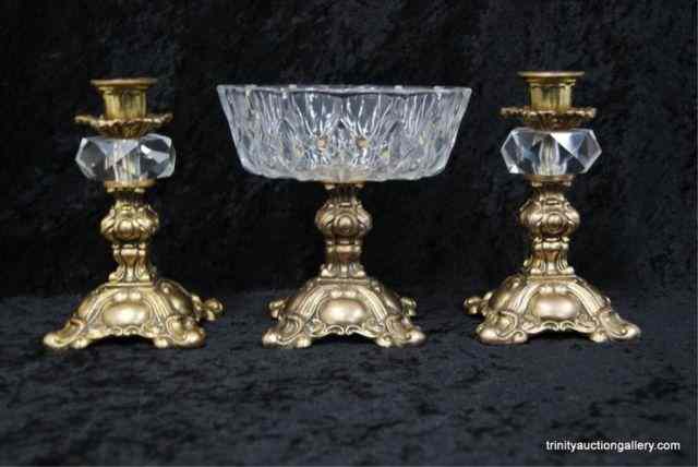 Appraisal: Vintage Crystal Brass Console Bowl Candle SetThis is for vintage