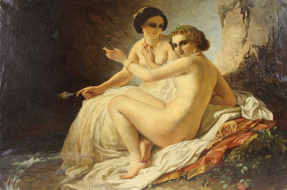 Appraisal: INITIALED MP th CENTURY Oil on Canvas Pair of Odalisques