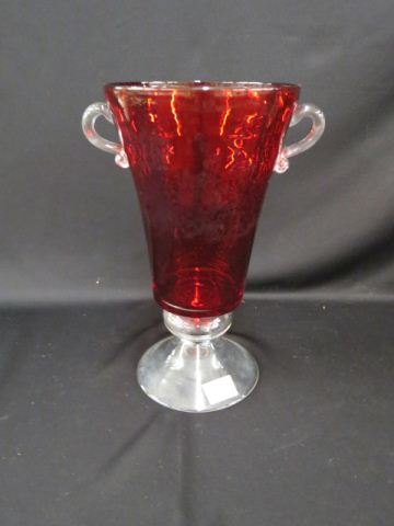 Appraisal: Ruby Art Glass Vase clear applied handles and pedestal base