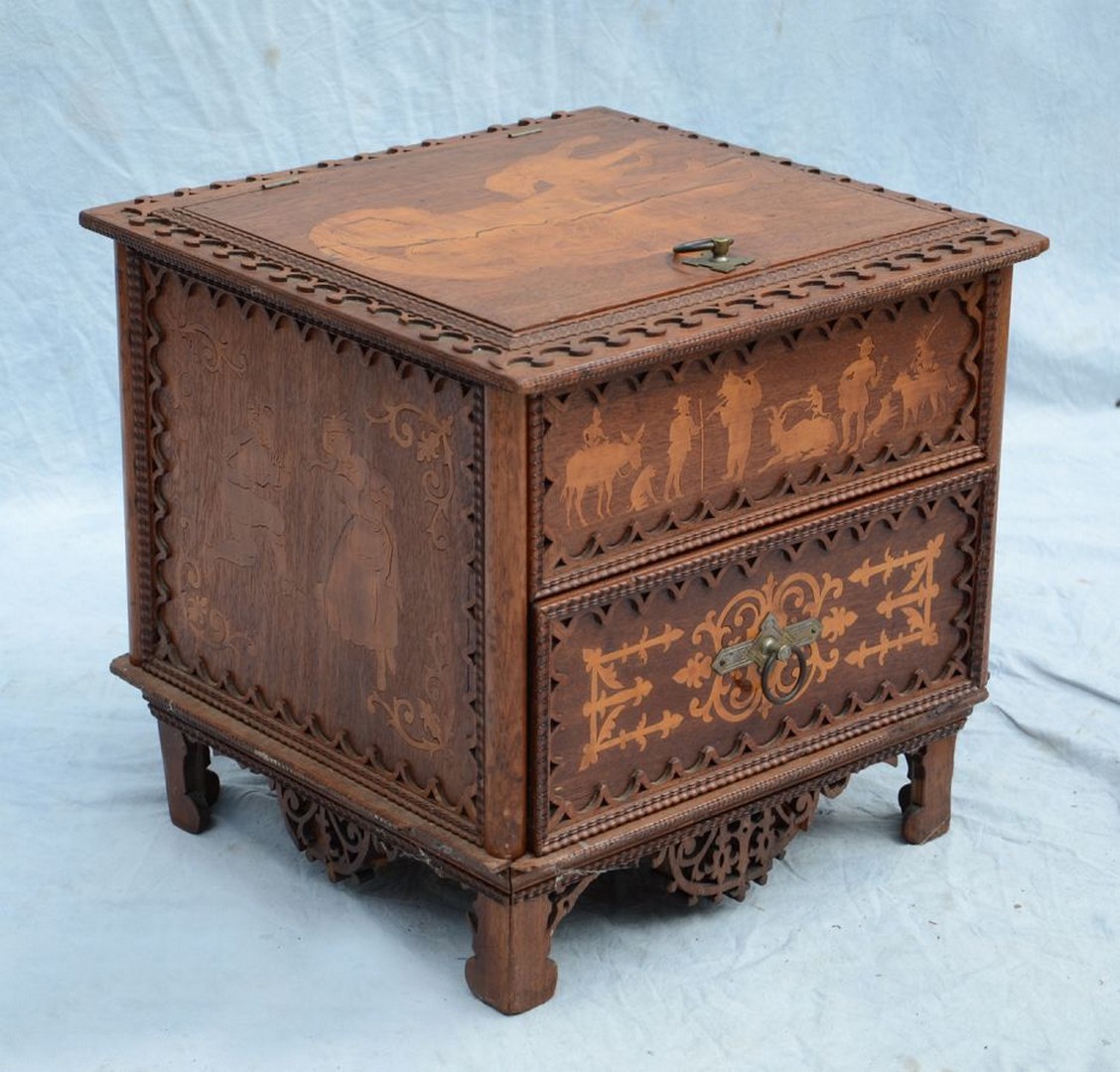 Appraisal: Carved inlaid tramp art commode dated and inlaid Remember Me