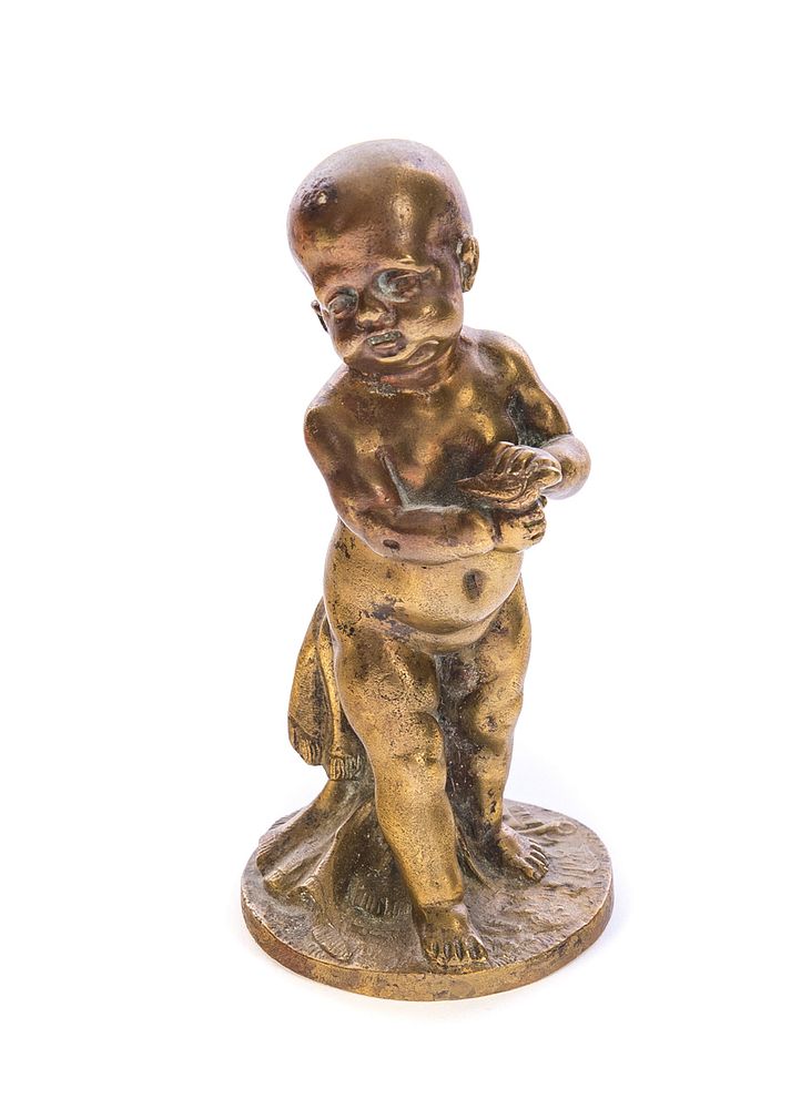 Appraisal: Bronze Statue Of Boy Holding Bird Bronze Statue of boy