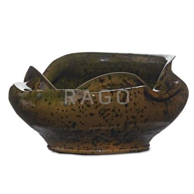 Appraisal: GEORGE OHR - Squat vessel with folded rim green yellow