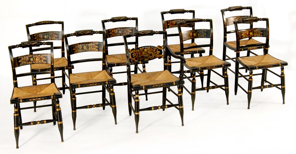 Appraisal: SET OF NINE HITCHCOCK FACTORY RUSH-SEAT SIDE CHAIRS th CenturyIn