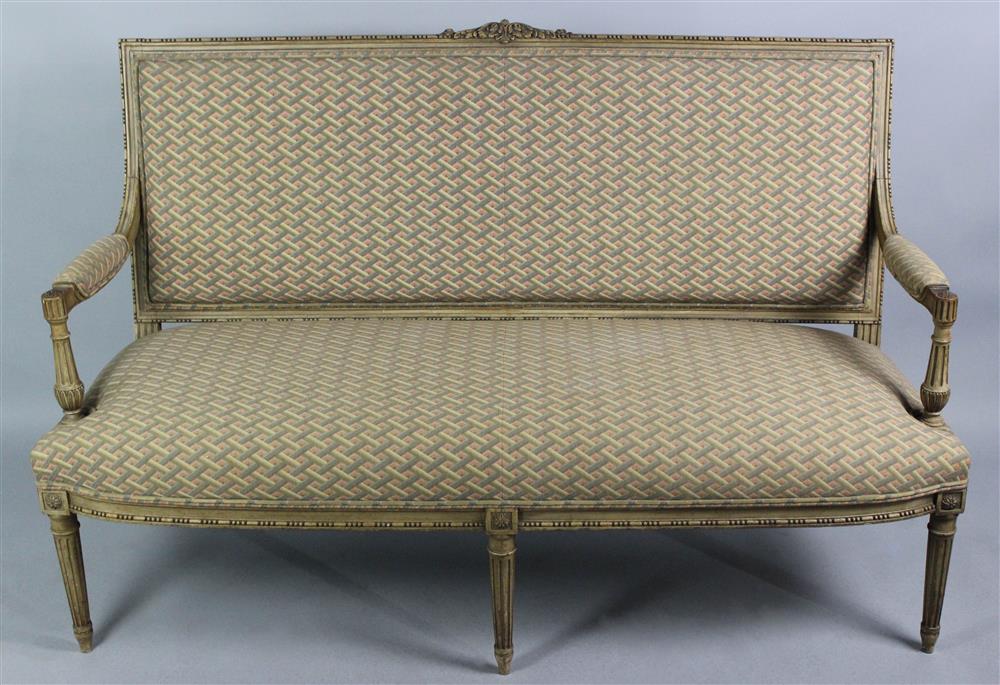 Appraisal: LOUIS XVI STYLE GRAY PAINTED CANAPE EN SUITE upholstered in