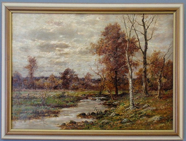 Appraisal: Oil on canvas painting of an autumn landscape with stream