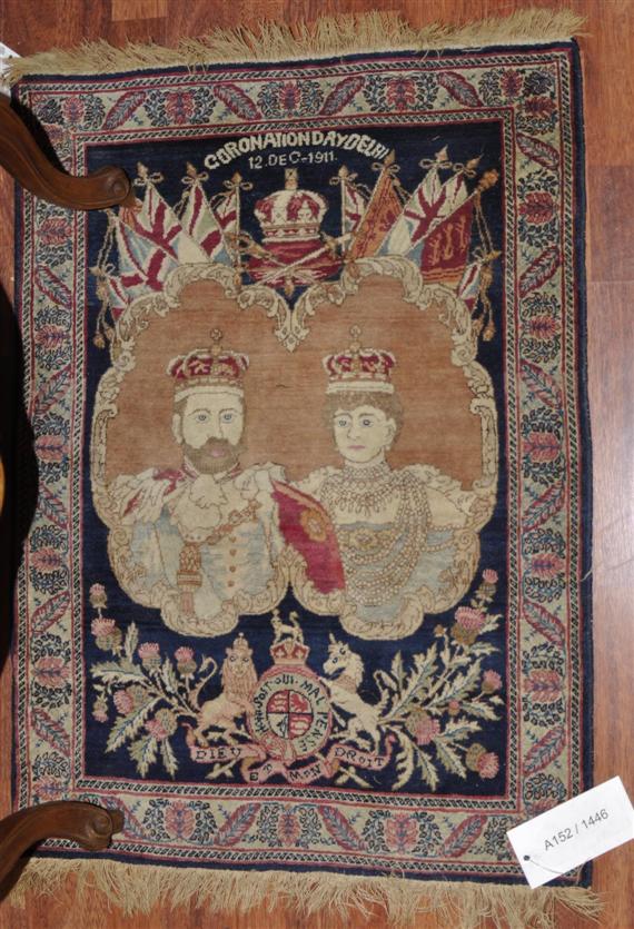 Appraisal: KIRMAN FIGURATIVE CARPET antique Memorial carpet for the Coronation Day