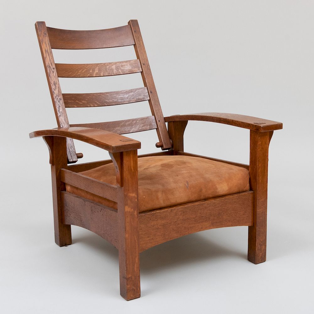 Appraisal: Gustav Stickley Carved Oak Armchair Branded x x in Auction