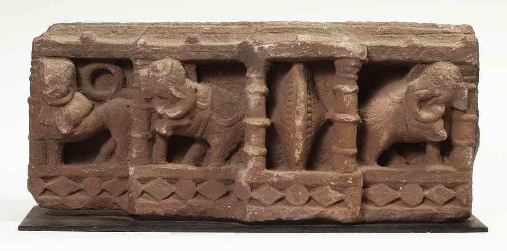 Appraisal: STONE TEMPLE CARVING FIGURAL ELEPHANTS Affixed to slate base age