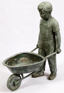 Appraisal: CAST BRONZE GARDEN SCULPTURE H L BOY WITH WHEELBARROW-PLANTER Bronze