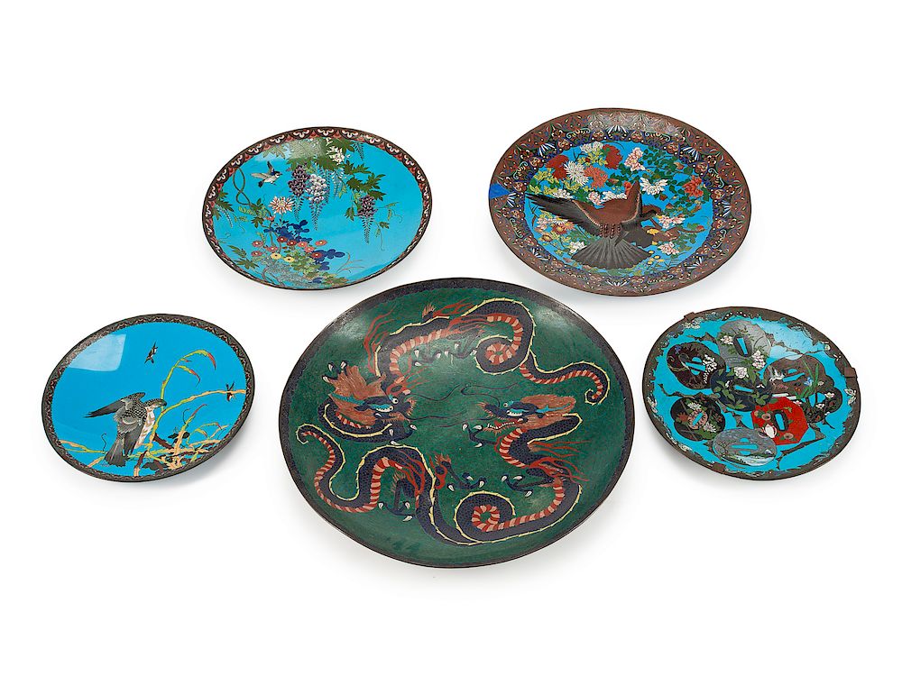 Appraisal: Five Japanese Cloisonne Enamel Chargers Five Japanese Cloisonne Enamel Chargers