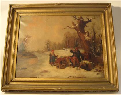 Appraisal: American School th century winter scene with two figures Unsigned