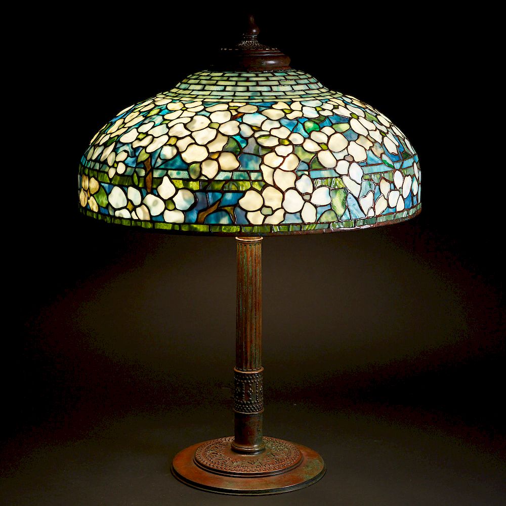 Appraisal: Tiffany Studios Leaded Glass and Bronze Dogwood Table Lamp Tiffany