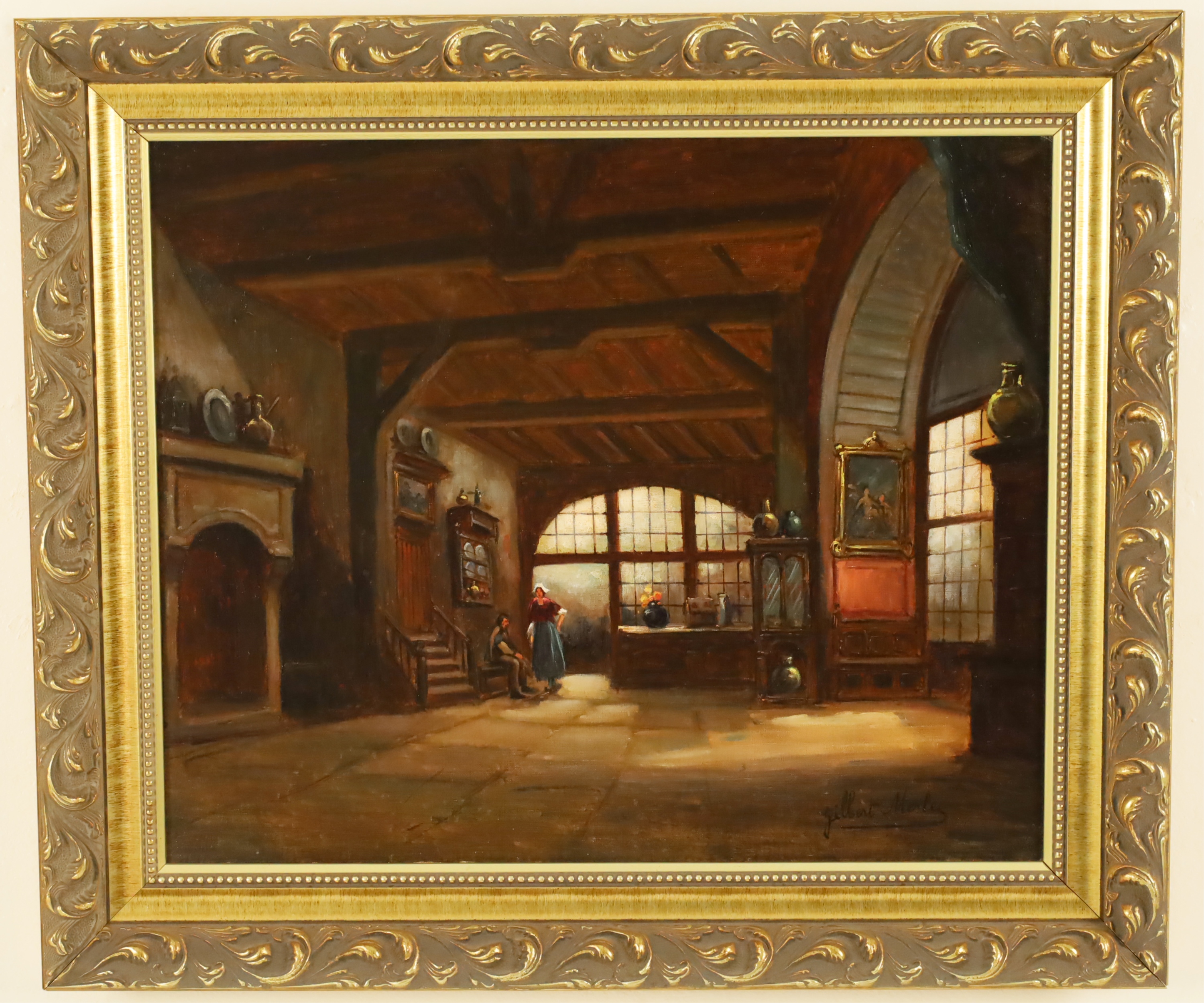 Appraisal: GILBERT MERLE O C DUTCH INTERIOR SCENE PAINTING Framed oil