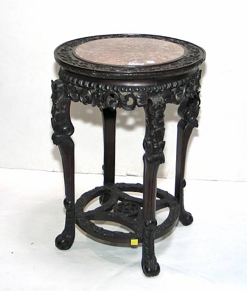 Appraisal: A carved wood circular display stand with marble-inset top Late