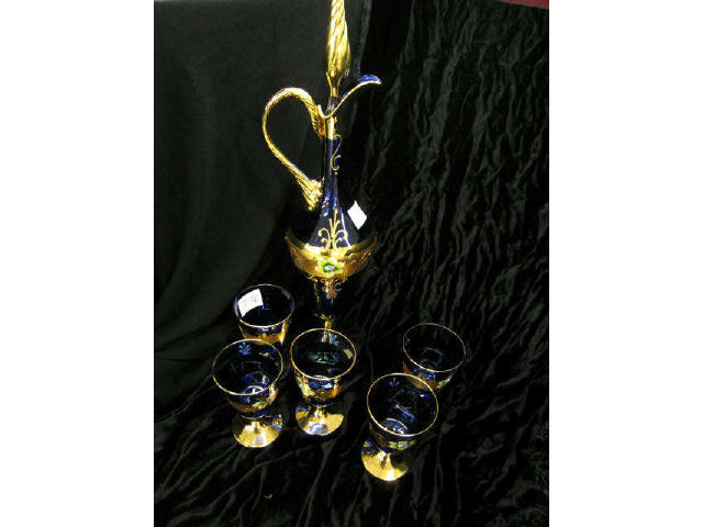 Appraisal: Italian Cobalt Art Glass Wine Decanter with glasses floral gold