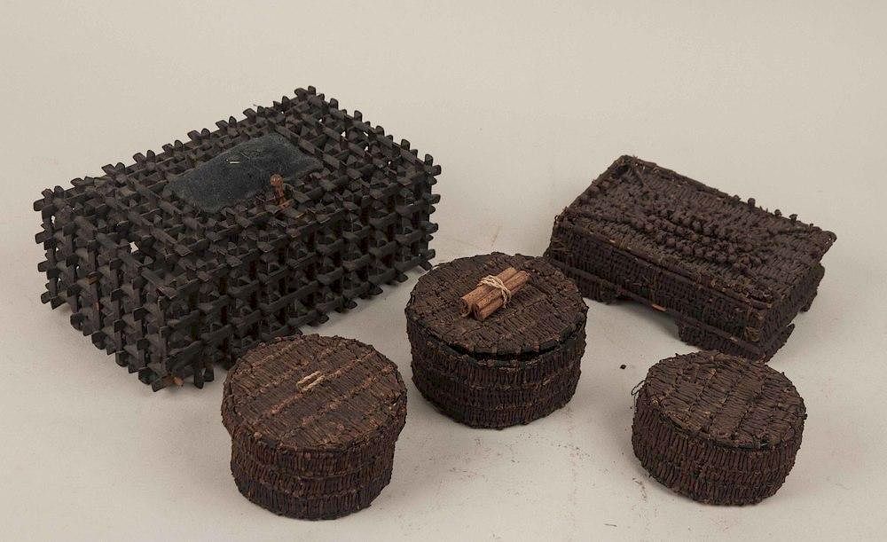 Appraisal: Five Rustic Boxes Five assorted rustic lidded boxes largest having