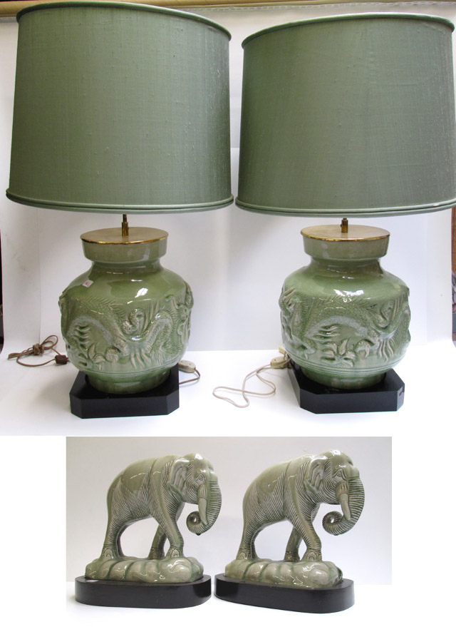 Appraisal: TWO CELADON LAMPS AND TWO CELADON ELEPHANTS the two large