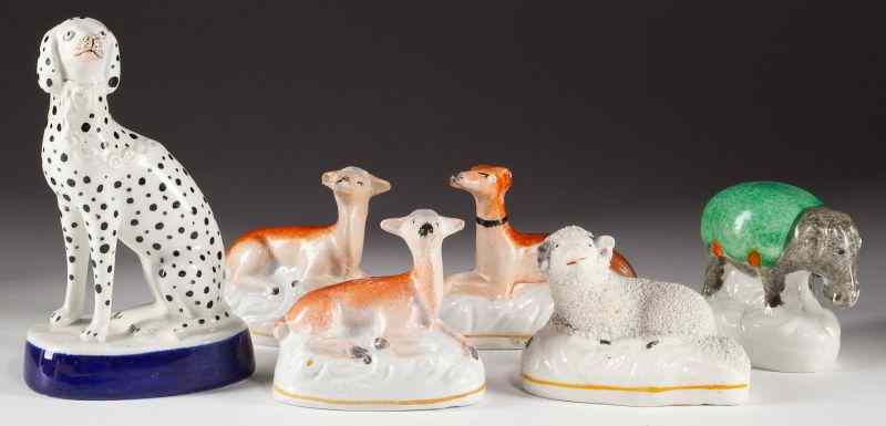 Appraisal: Group of Six Staffordshire Miniature Animals s- s recumbent deer