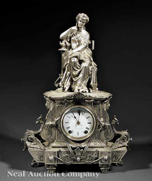 Appraisal: An Antique Silvered Metal Figural Mantel Clock th c Seth