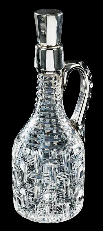 Appraisal: Cut Glass Whiskey Jug Sterling Handle Stopper Basketweave attributed to