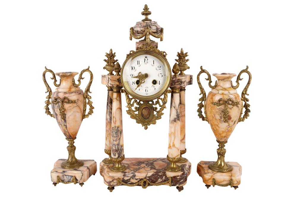 Appraisal: THREE PIECE CLOCK GARNITUREgilt metal and marble Condition with repair