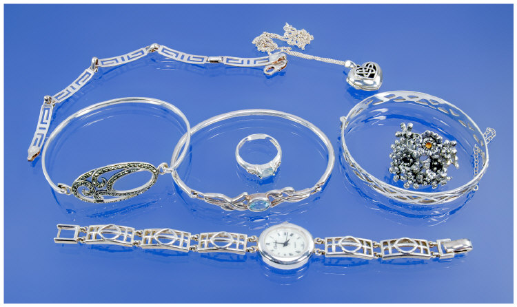 Appraisal: Silver Jewellery Eight Pieces Comprising Quartz Watch Marcasite Hinged Bangle