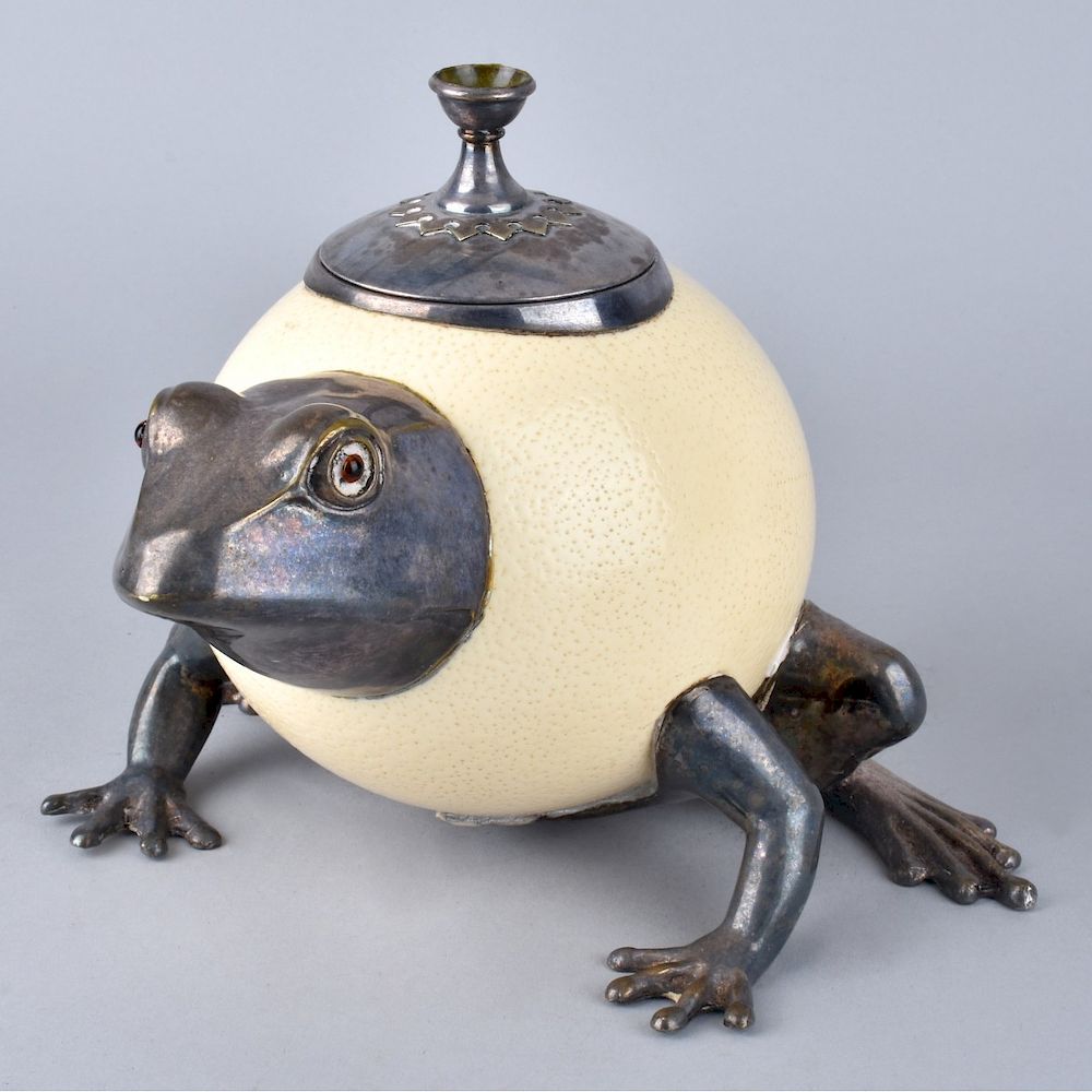 Appraisal: Ostrich Egg Frog Retro Ostrich Egg and Silver Plate Frog