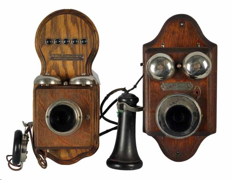 Appraisal: Lot of Oak Compact Wall Telephones Circa First is a