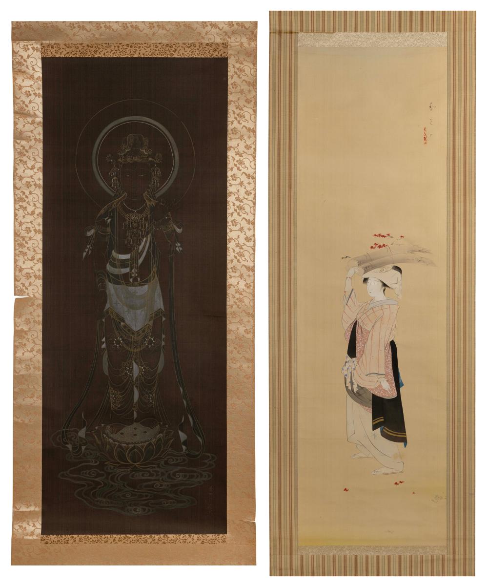 Appraisal: TWO JAPANESE SCROLL PAINTINGS EARLY TH CENTURYTWO JAPANESE SCROLL PAINTINGS