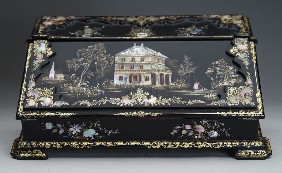 Appraisal: OUTSTANDING LACQUER AND INLAID WRITING BOX Slant lid hinged top