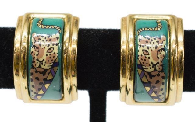 Appraisal: pair Hermes enamel and gold tone earrings printed image of