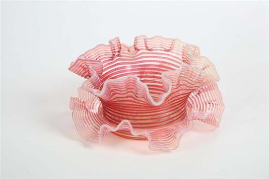 Appraisal: ART GLASS FINGER BOWL AND UNDERPLATE Possibly Loetz Pink iridescent