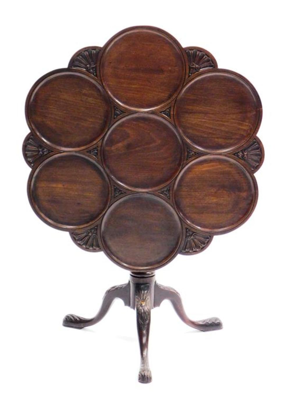 Appraisal: Tilt top table with disc and shell carvings bird cage