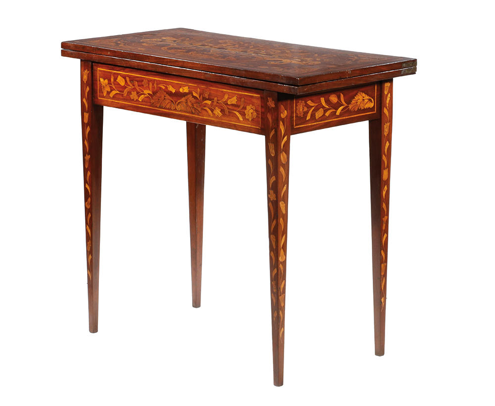 Appraisal: DUTCH MARQUETRY CARD TABLE WITH MAKER'S STAMP Ornate Mahogany and