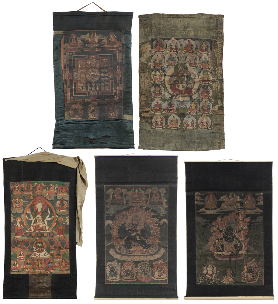 Appraisal: Five Tibetan Buddhist Thangka Scroll Paintings late th early th