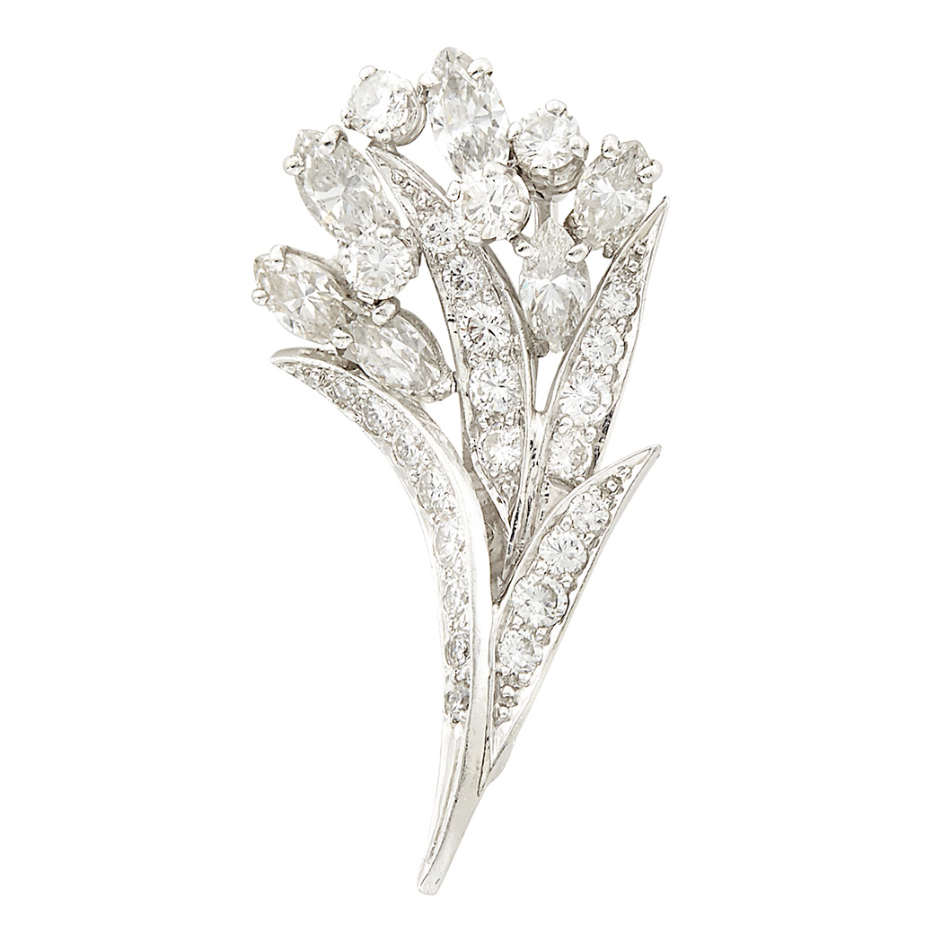 Appraisal: Platinum and Diamond Leaf Pin round diamonds ap cts marquise-shaped