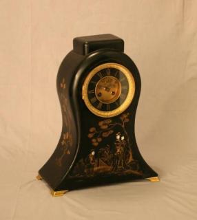 Appraisal: BLACK CHINOISERIE LACQUERED MANTLE CLOCK HAVING OPEN ESCAPEMENT DIAL MARKED