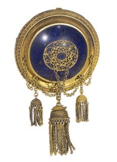 Appraisal: Victorian lapis lazuli gold-plated pendant-brooch centering a large round cabochon