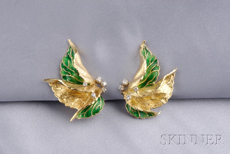 Appraisal: kt Gold Enamel and Diamond Earclips Italy elegantly designed as