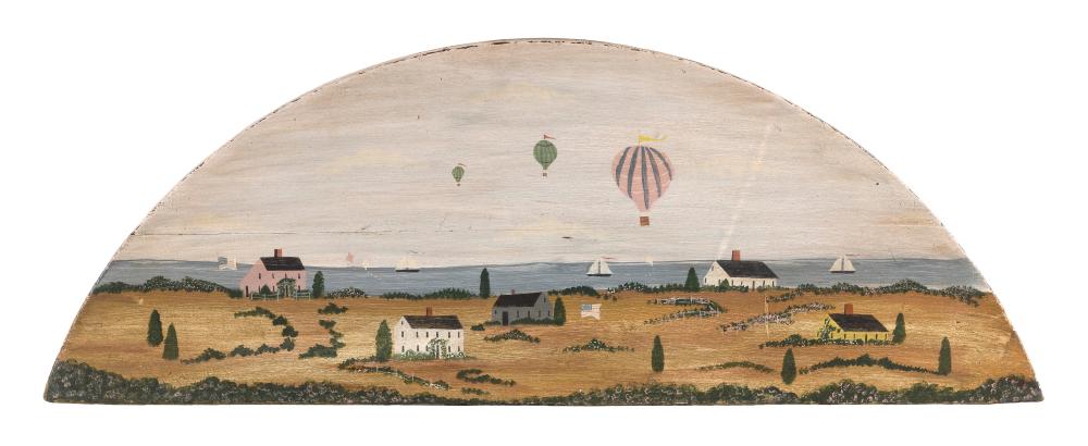 Appraisal: FOLK ART PAINTING OF A COASTAL SCENE WITH HOT AIR