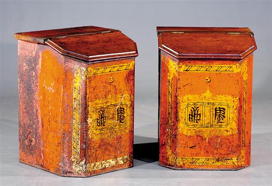 Appraisal: Pair Chinese Export toleware tea canisters th century mahogany hinged