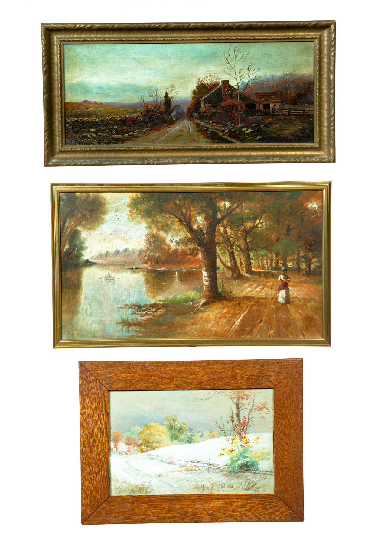 Appraisal: THREE FRAMED PAINTINGS America ca Watercolor fall landscape signed Mills