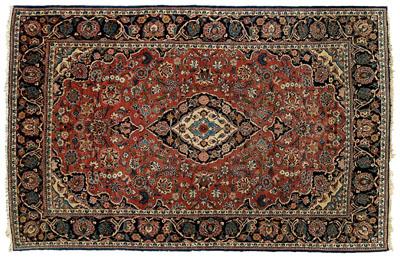 Appraisal: Finely woven Tabriz rug ivory and blue central medallion on