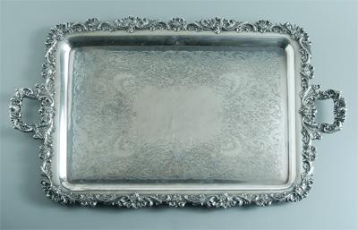 Appraisal: Silver-plated tray rounded rectangular form two handles ornate shell floral