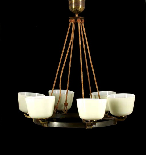 Appraisal: Continental Art Deco Bronze-Patinated Brass Six-Light Chandelier second quarter th