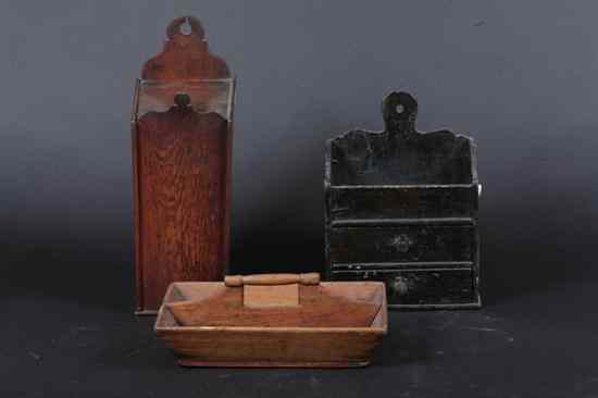 Appraisal: THREE WOOD CANDLE BOXES Including two hanging examples and one