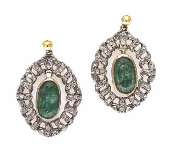 Appraisal: A Pair of Victorian Silver Topped Gold Emerald and Diamond