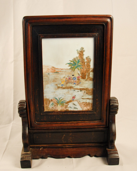 Appraisal: Chinese 'Tile' Table Screen with scene of people at table