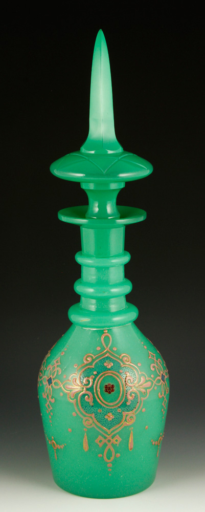 Appraisal: - Bohemian Green Opaline Decanter Bohemian decanter blown and cut